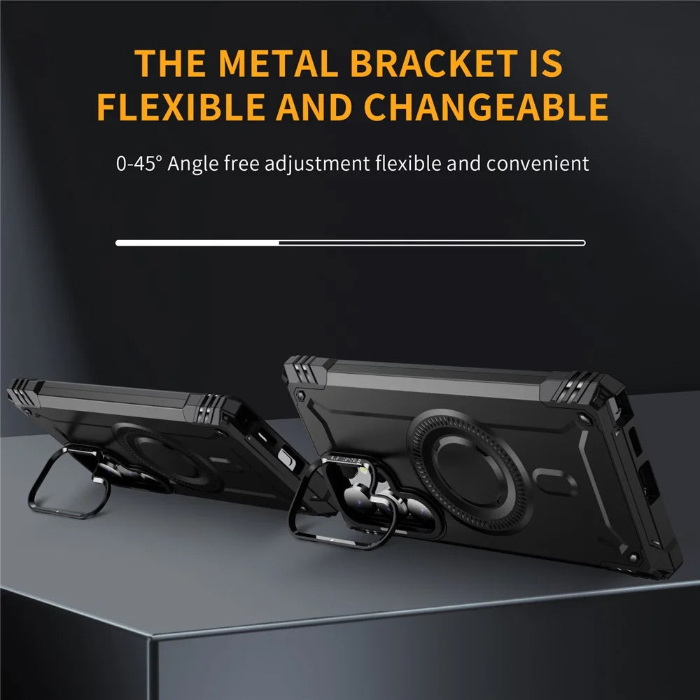 For Samsung Galaxy S24 Ultra Magnetic Case Metal Lens Frame Kickstand PC+TPU Mobile Cover - Black - 2