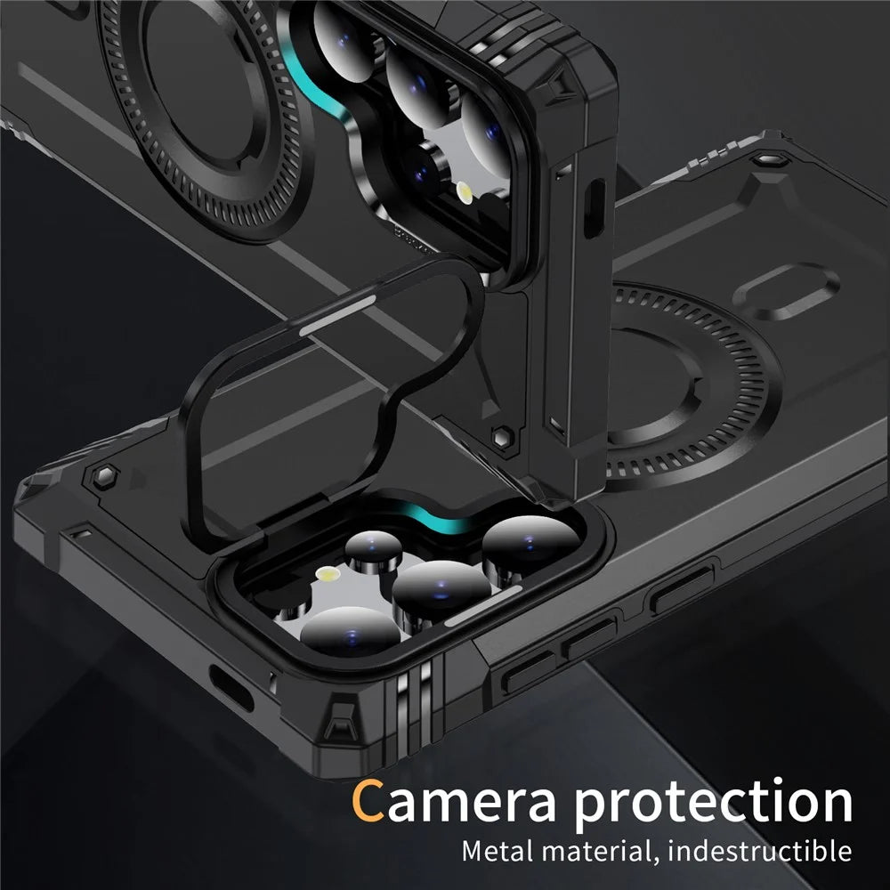 For Samsung Galaxy S24 Ultra Magnetic Case Metal Lens Frame Kickstand PC+TPU Mobile Cover - Black - 5