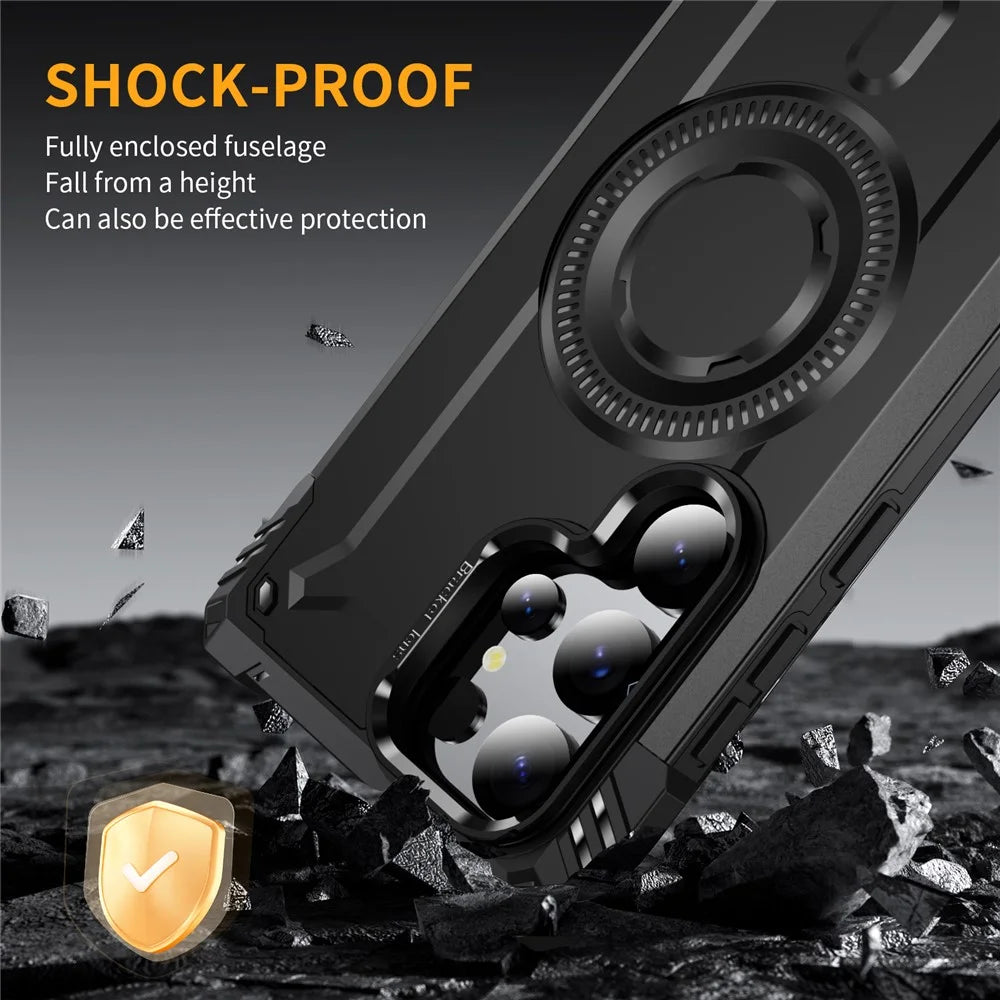 For Samsung Galaxy S24 Ultra Magnetic Case Metal Lens Frame Kickstand PC+TPU Mobile Cover - Black - 6