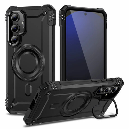 For Samsung Galaxy S24 FE Magnetic Case Metal Lens Frame Kickstand PC+TPU Mobile Cover - Black - 1