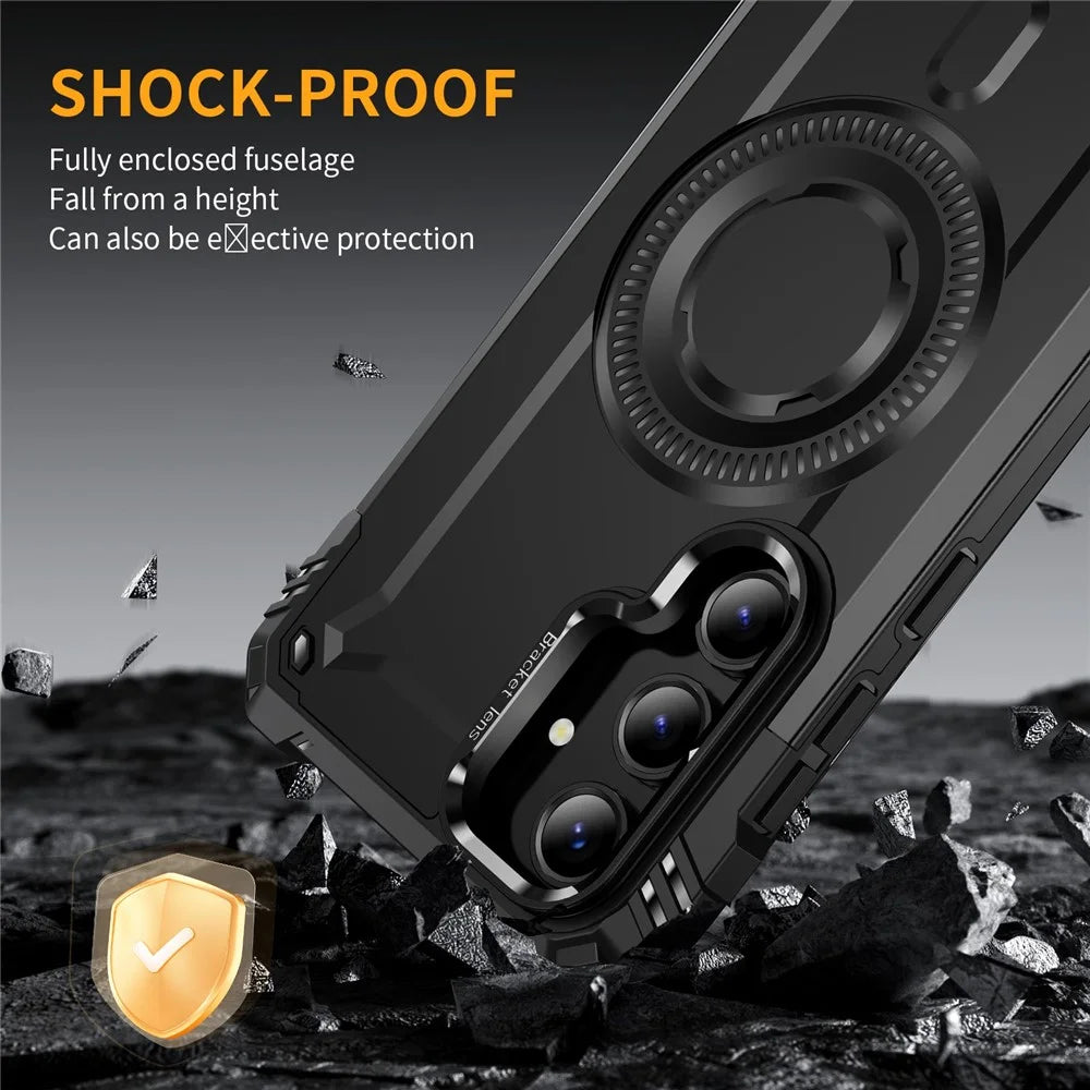 For Samsung Galaxy S24 FE Magnetic Case Metal Lens Frame Kickstand PC+TPU Mobile Cover - Black - 6