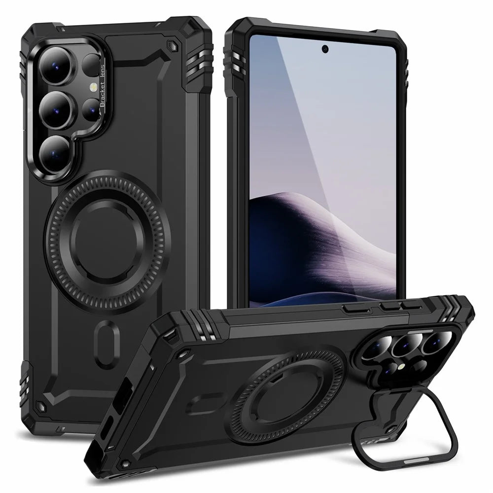For Samsung Galaxy S25 Ultra Magnetic Case Metal Lens Frame Kickstand PC+TPU Mobile Cover - Black - 1