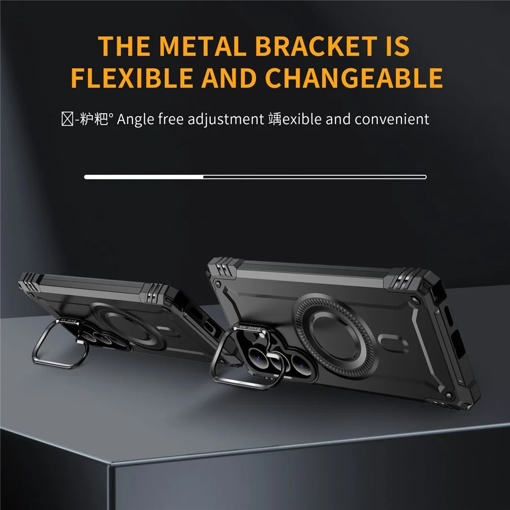 For Samsung Galaxy S25 Ultra Magnetic Case Metal Lens Frame Kickstand PC+TPU Mobile Cover - Black - 2