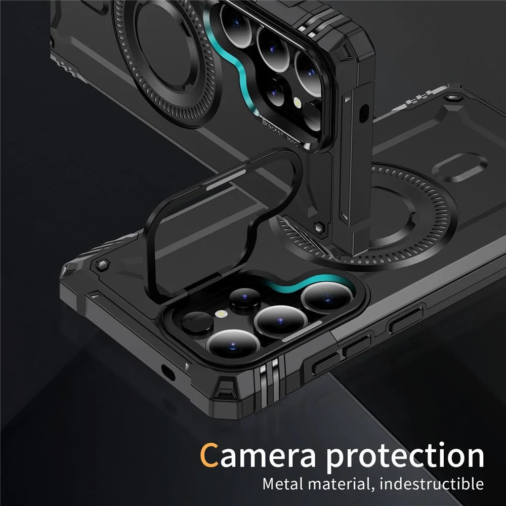 For Samsung Galaxy S25 Ultra Magnetic Case Metal Lens Frame Kickstand PC+TPU Mobile Cover - Black - 5