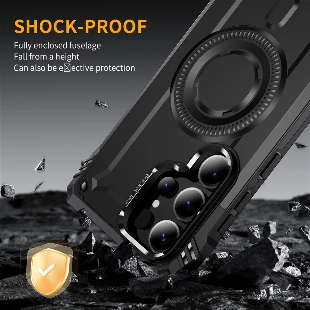 For Samsung Galaxy S25 Ultra Magnetic Case Metal Lens Frame Kickstand PC+TPU Mobile Cover - Black - 6