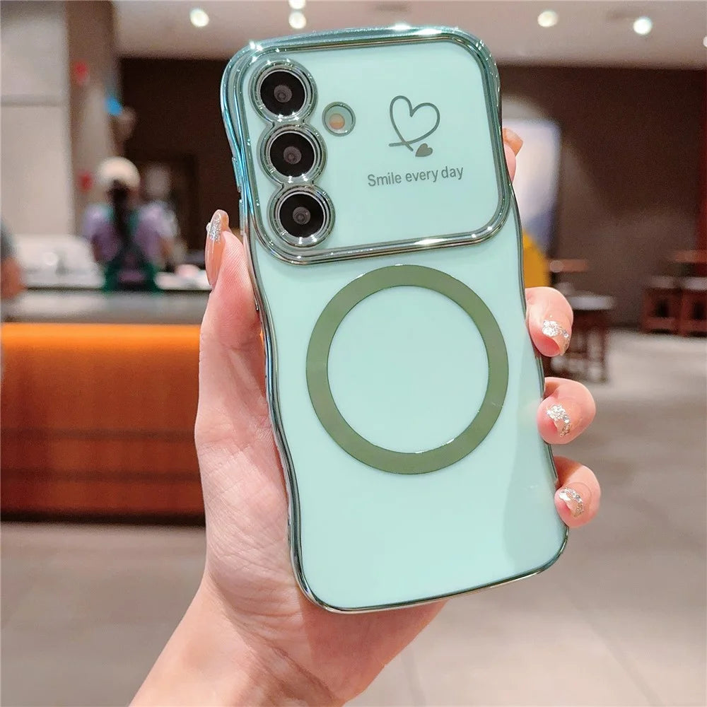 For Samsung Galaxy S25 Magnetic Case Electroplating Curly Frame TPU Phone Cover Large Window - Green - 1