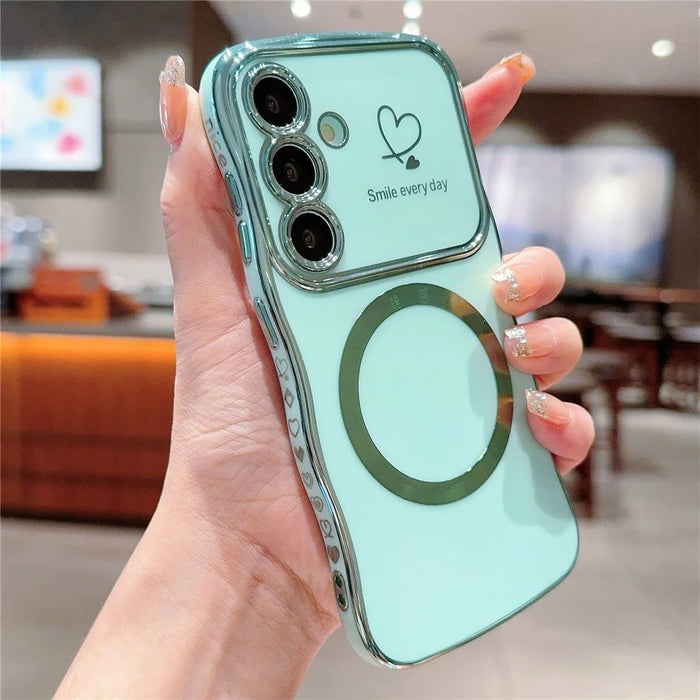 For Samsung Galaxy S25 Magnetic Case Electroplating Curly Frame TPU Phone Cover Large Window - Green - 2