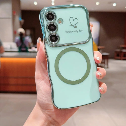 For Samsung Galaxy S25+ Magnetic Case Electroplating Curly Frame TPU Phone Cover Large Window - Green - 1