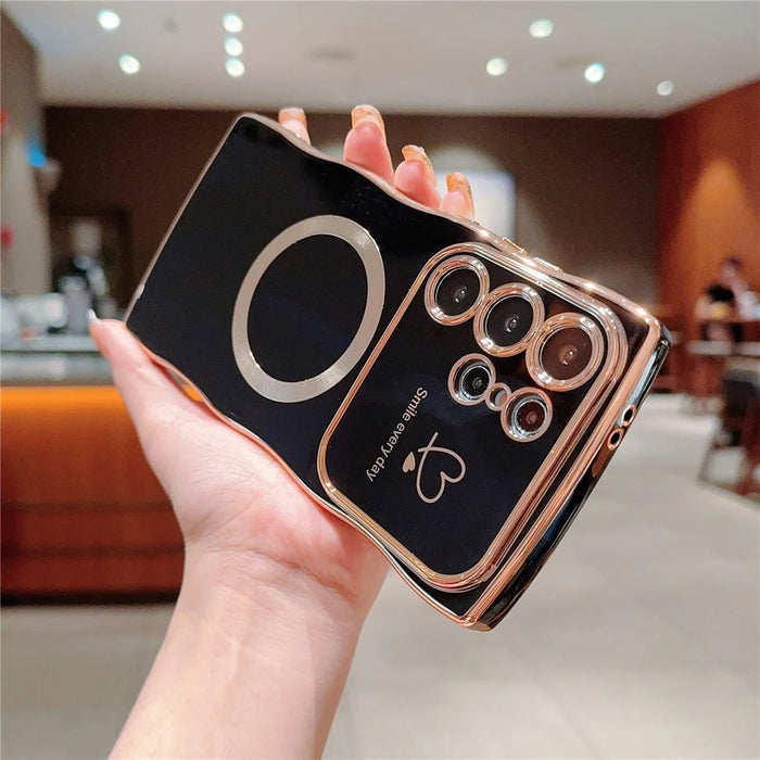 For Samsung Galaxy S25 Ultra Magnetic Case Electroplating Curly Frame TPU Phone Cover Large Window - Black - 3