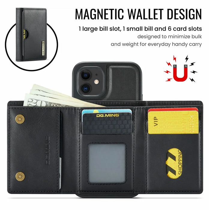 DG.MING M6 Series For iPhone 12 / 12 Pro Case Magnetic Wallet PU+PC+TPU Phone Cover - Black - 6