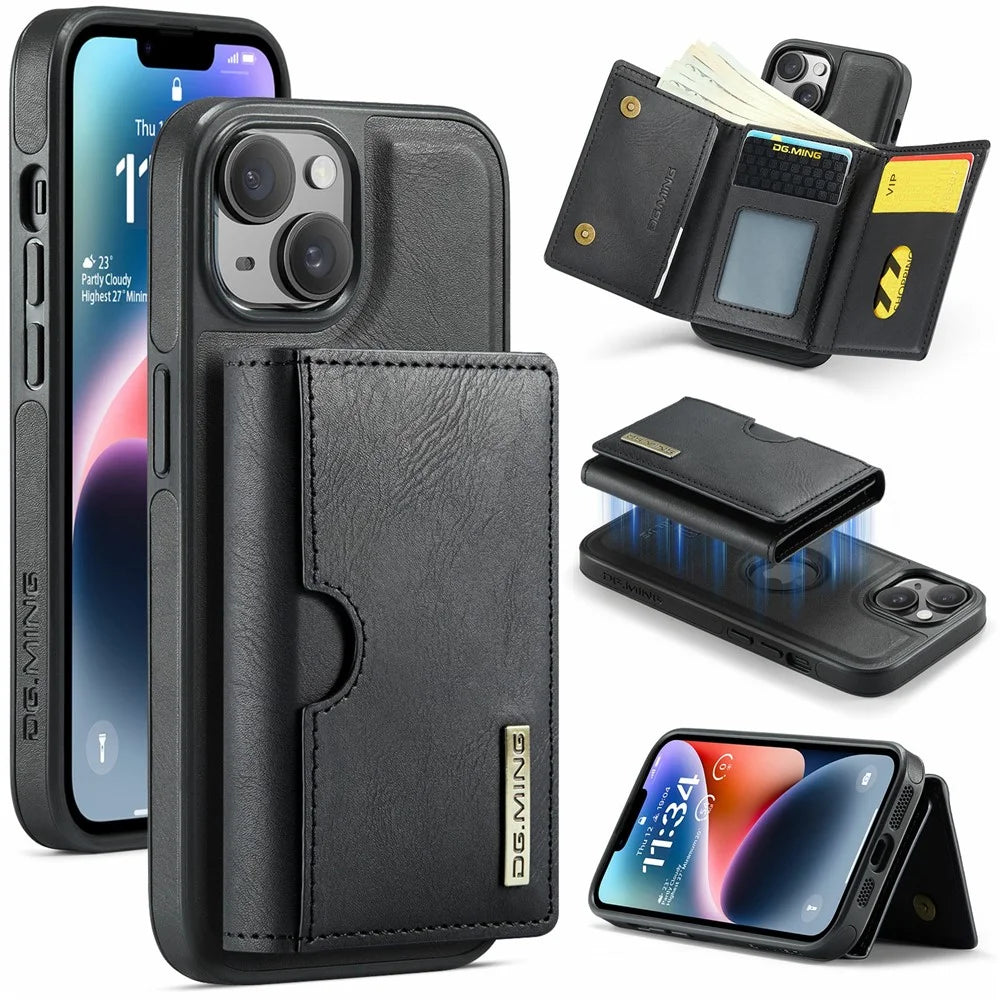 DG.MING M6 Series For iPhone 13 Case Magnetic Wallet PU+PC+TPU Phone Cover - Black - 1