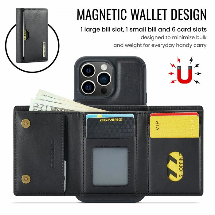 DG.MING M6 Series For iPhone 13 Pro Case Magnetic Wallet PU+PC+TPU Phone Cover - Black - 6