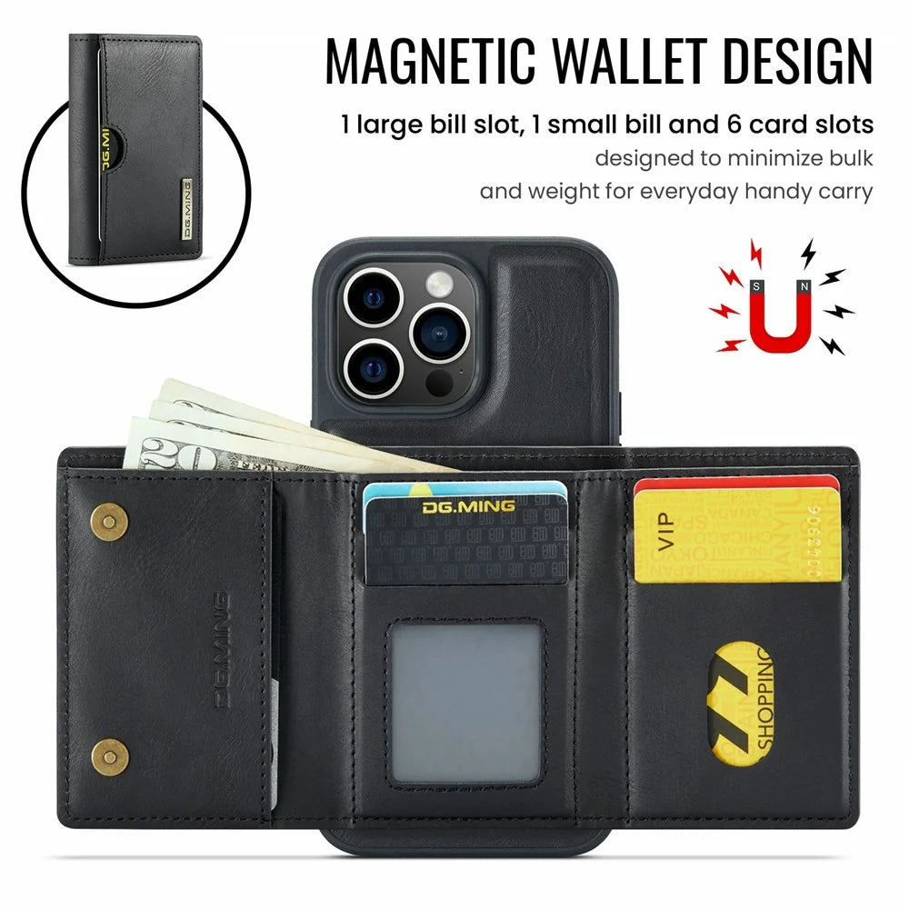 DG.MING M6 Series For iPhone 13 Pro Max Case Magnetic Wallet PU+PC+TPU Phone Cover - Black - 6