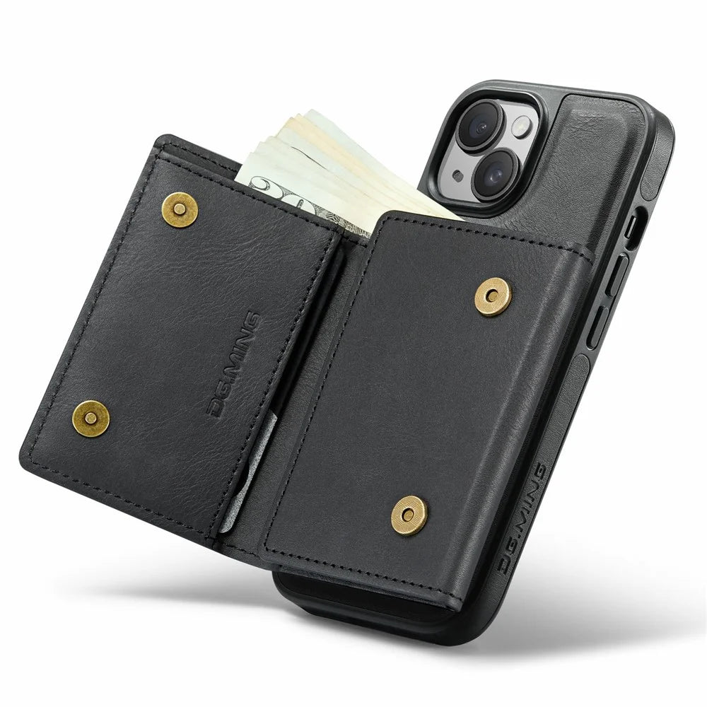 DG.MING M6 Series For iPhone 14 Case Magnetic Wallet PU+PC+TPU Phone Cover - Black - 3