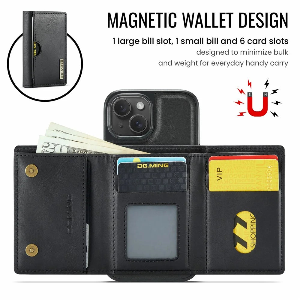 DG.MING M6 Series For iPhone 14 Plus Case Magnetic Wallet PU+PC+TPU Phone Cover - Black - 6