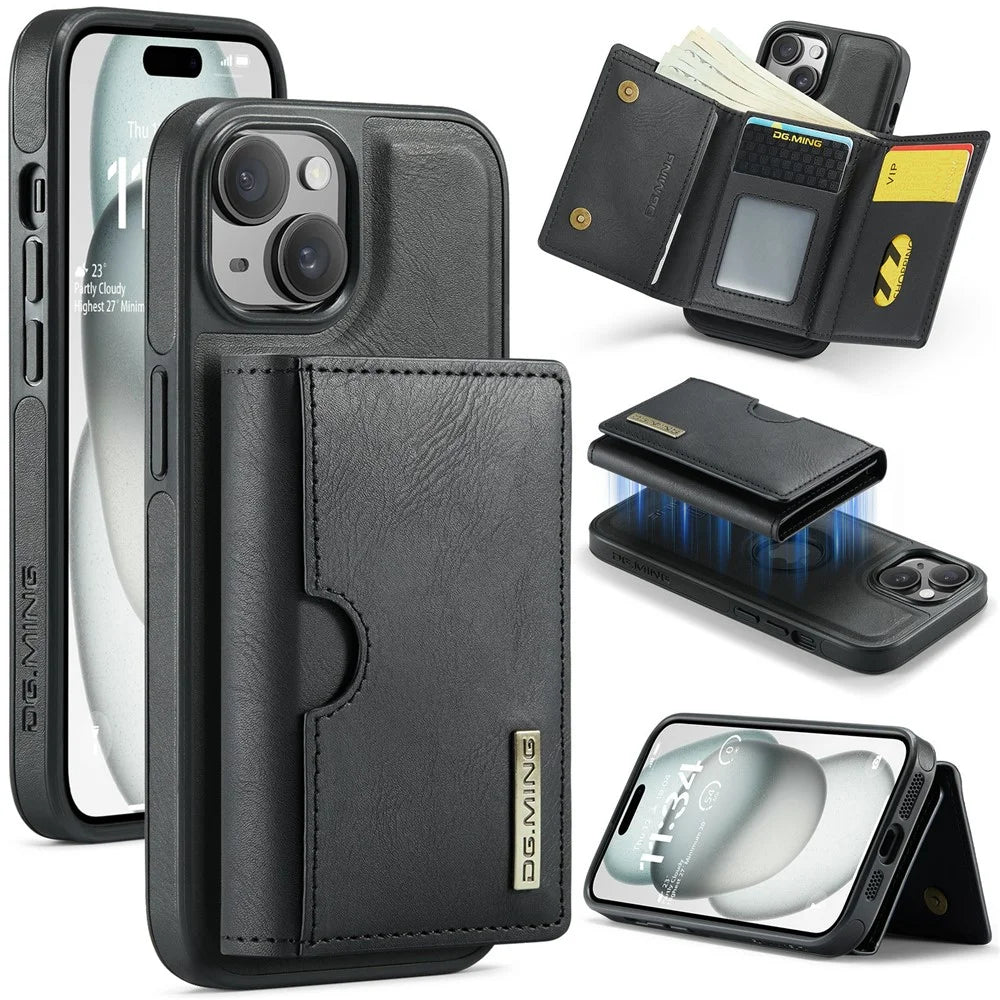 DG.MING M6 Series For iPhone 15 Plus Case Magnetic Wallet PU+PC+TPU Phone Cover - Black - 1