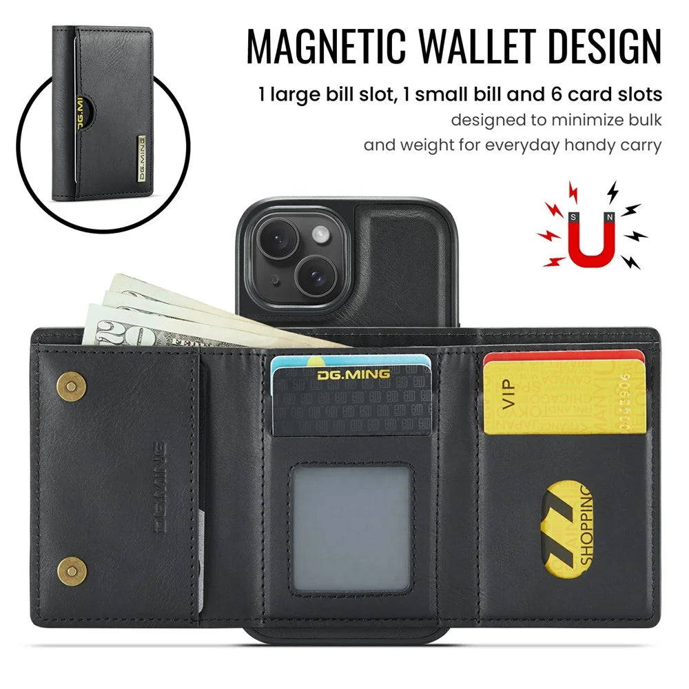 DG.MING M6 Series For iPhone 15 Plus Case Magnetic Wallet PU+PC+TPU Phone Cover - Black - 6