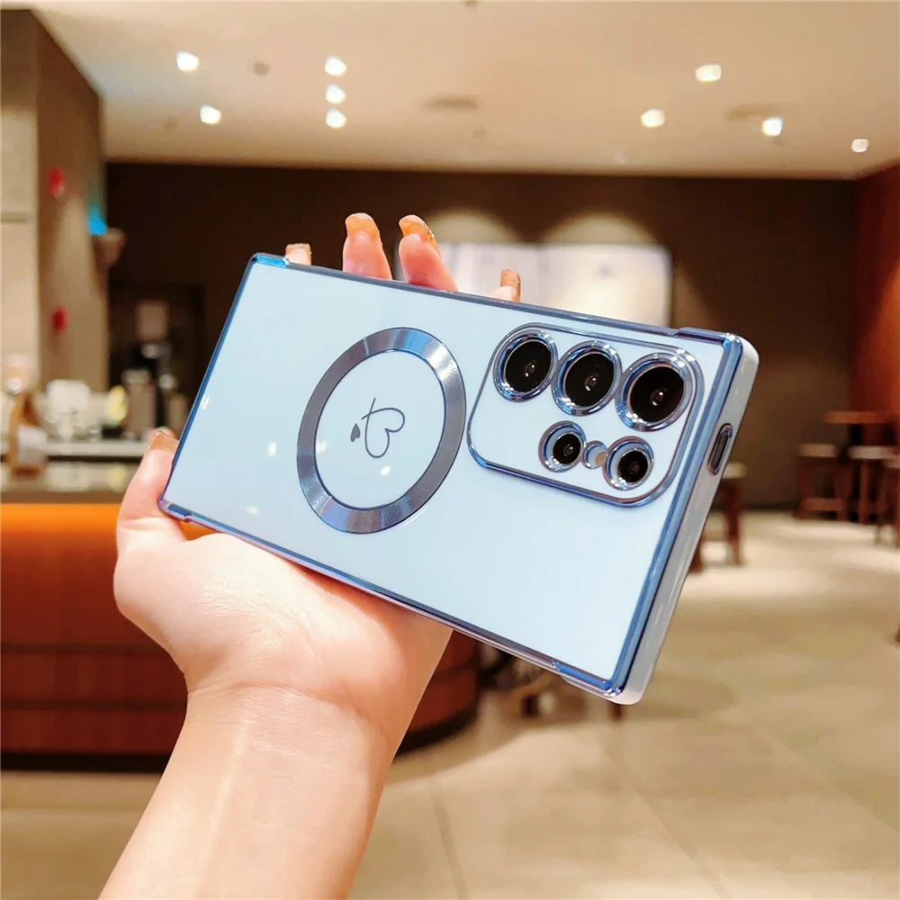 For Samsung Galaxy S25 Ultra Magnetic Case Electroplated TPU Phone Cover Hollow Love Hearts - Blue - 3
