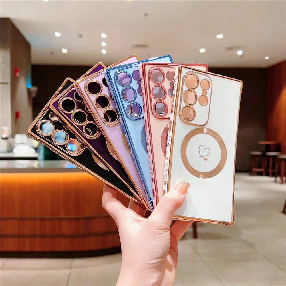 For Samsung Galaxy S25 Ultra Magnetic Case Electroplated TPU Phone Cover Hollow Love Hearts - Blue - 5