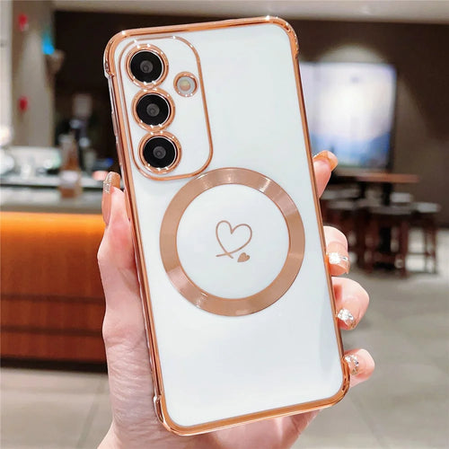 For Samsung Galaxy S25+ Magnetic Case Electroplated TPU Phone Cover Hollow Love Hearts - Ivory White - 1