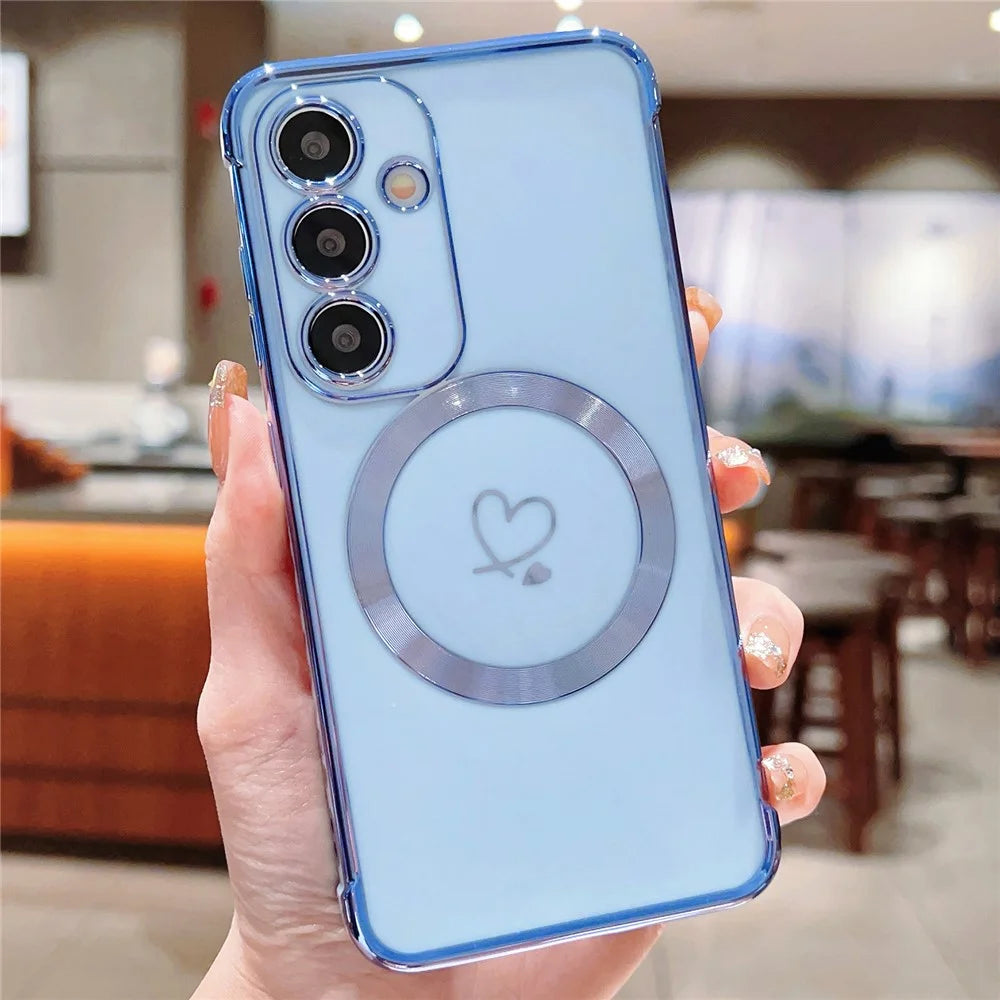 For Samsung Galaxy S25 Magnetic Case Electroplated TPU Phone Cover Hollow Love Hearts - Blue - 1