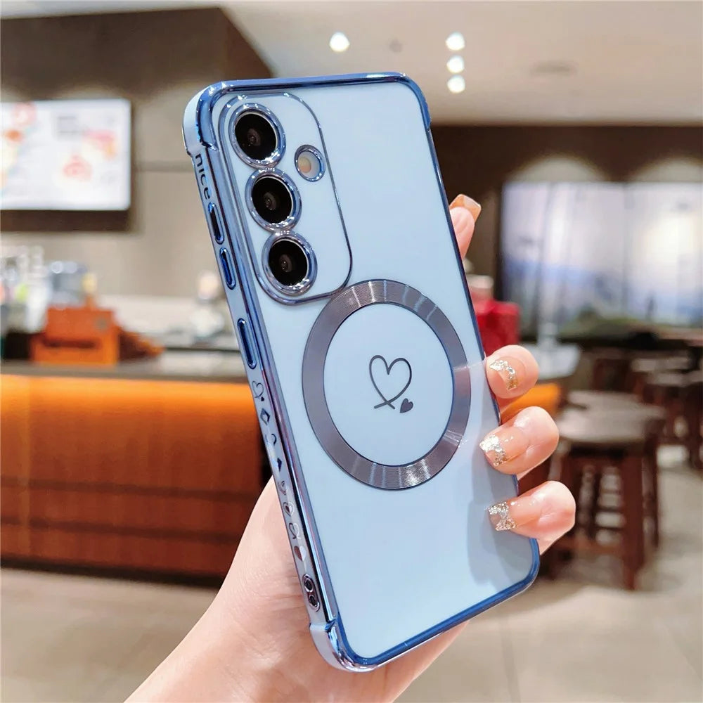 For Samsung Galaxy S25 Magnetic Case Electroplated TPU Phone Cover Hollow Love Hearts - Blue - 2