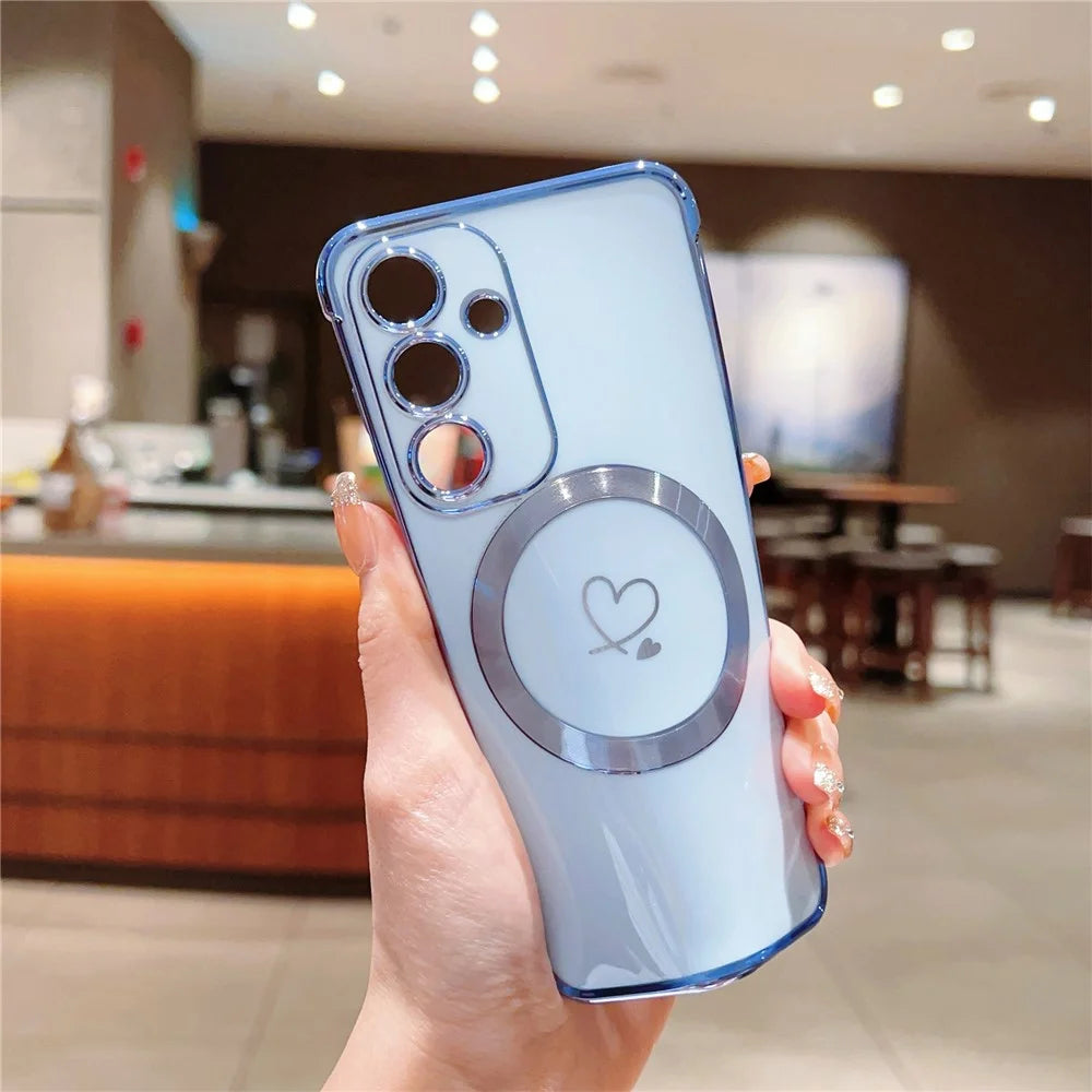 For Samsung Galaxy S25 Magnetic Case Electroplated TPU Phone Cover Hollow Love Hearts - Blue - 3