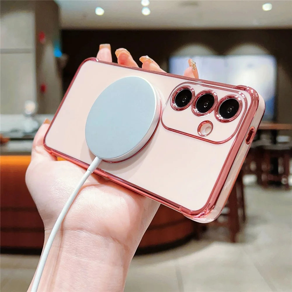 For Samsung Galaxy S25 Magnetic Case Electroplated TPU Phone Cover Hollow Love Hearts - Blue - 4