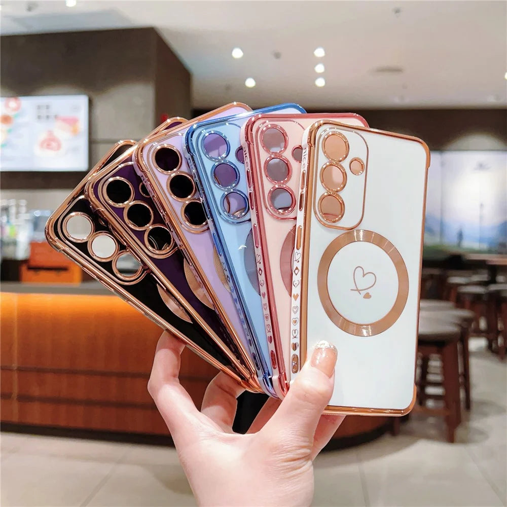 For Samsung Galaxy S25 Magnetic Case Electroplated TPU Phone Cover Hollow Love Hearts - Blue - 7
