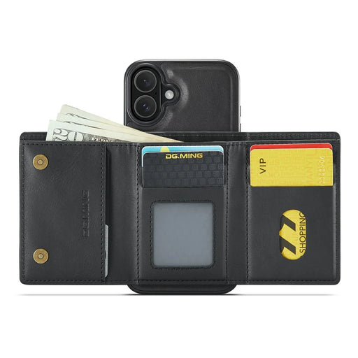 DG.MING M6 Series For iPhone 16 Case Magnetic Wallet PU+PC+TPU Phone Cover - Black - 2