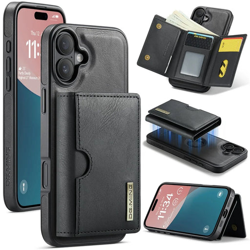 DG.MING M6 Series For iPhone 16 Plus Case Magnetic Wallet PU+PC+TPU Phone Cover - Black - 1