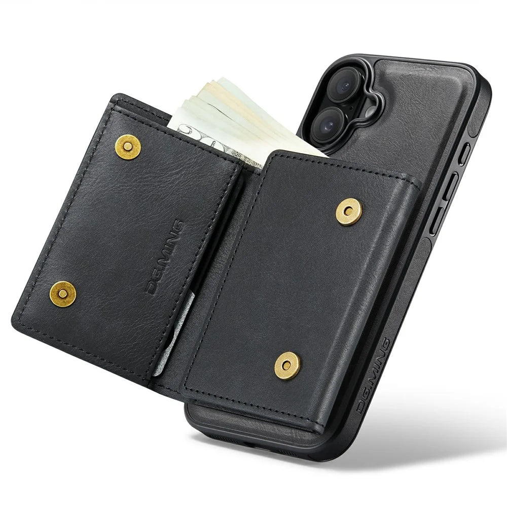 DG.MING M6 Series For iPhone 16 Plus Case Magnetic Wallet PU+PC+TPU Phone Cover - Black - 3