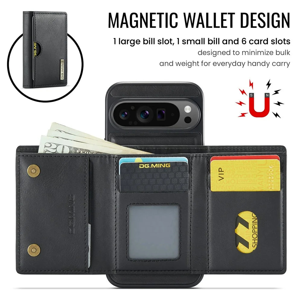 DG.MING M6 Series For Google Pixel 9 / Pixel 9 Pro Case Magnetic Wallet PU+PC+TPU Phone Cover - Black - 6