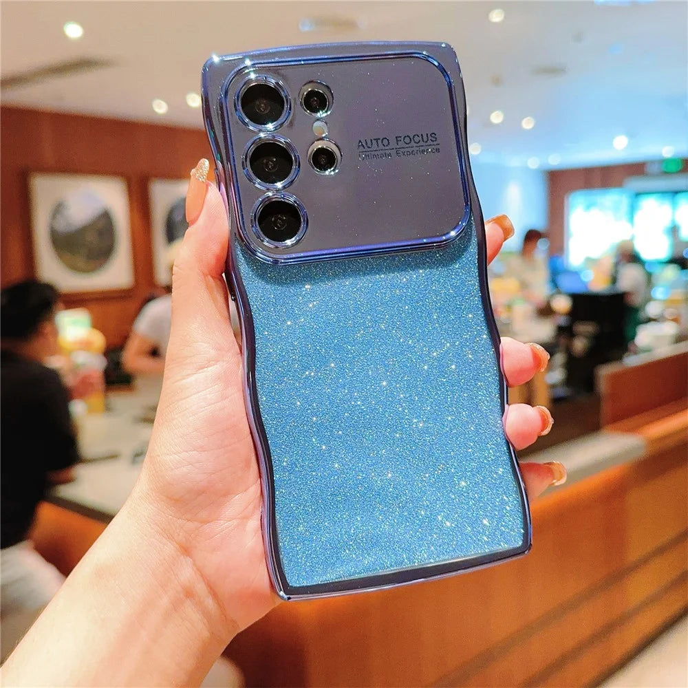 For Samsung Galaxy S25 Ultra Case Electroplating Curly Frame TPU Glitter Phone Cover Large Window - Blue - 1
