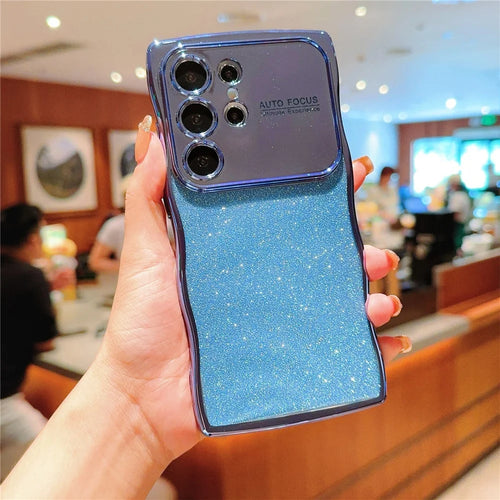 For Samsung Galaxy S25 Ultra Case Electroplating Curly Frame TPU Glitter Phone Cover Large Window - Blue - 1