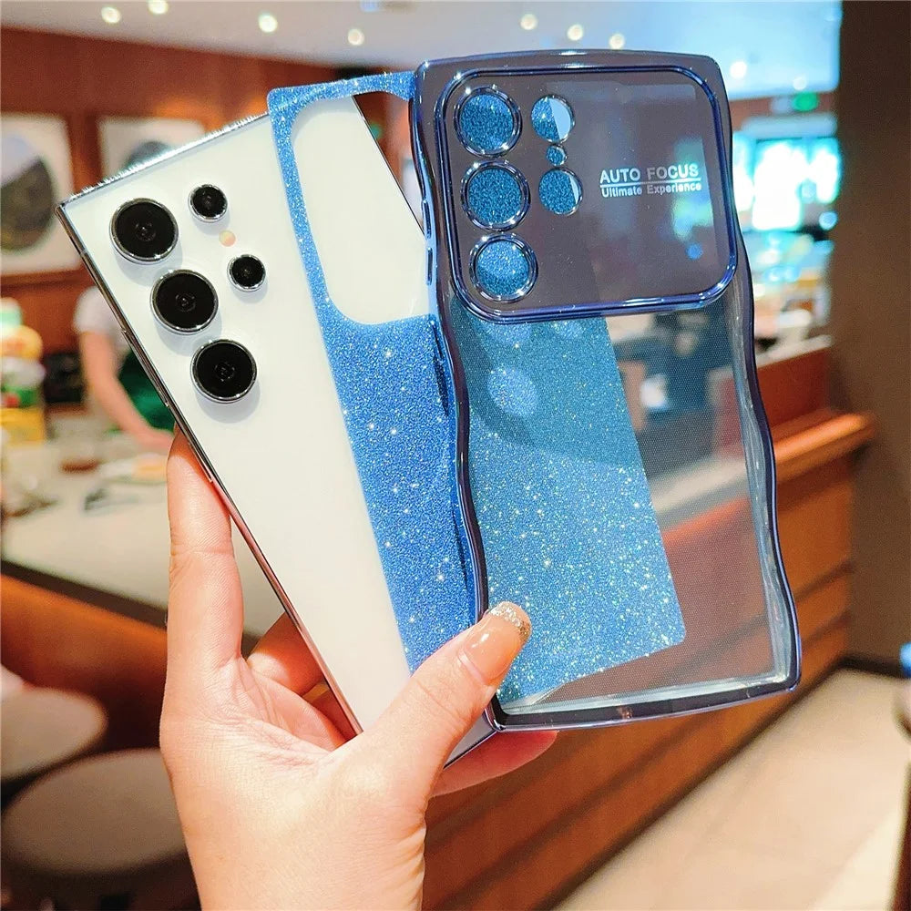 For Samsung Galaxy S25 Ultra Case Electroplating Curly Frame TPU Glitter Phone Cover Large Window - Blue - 4