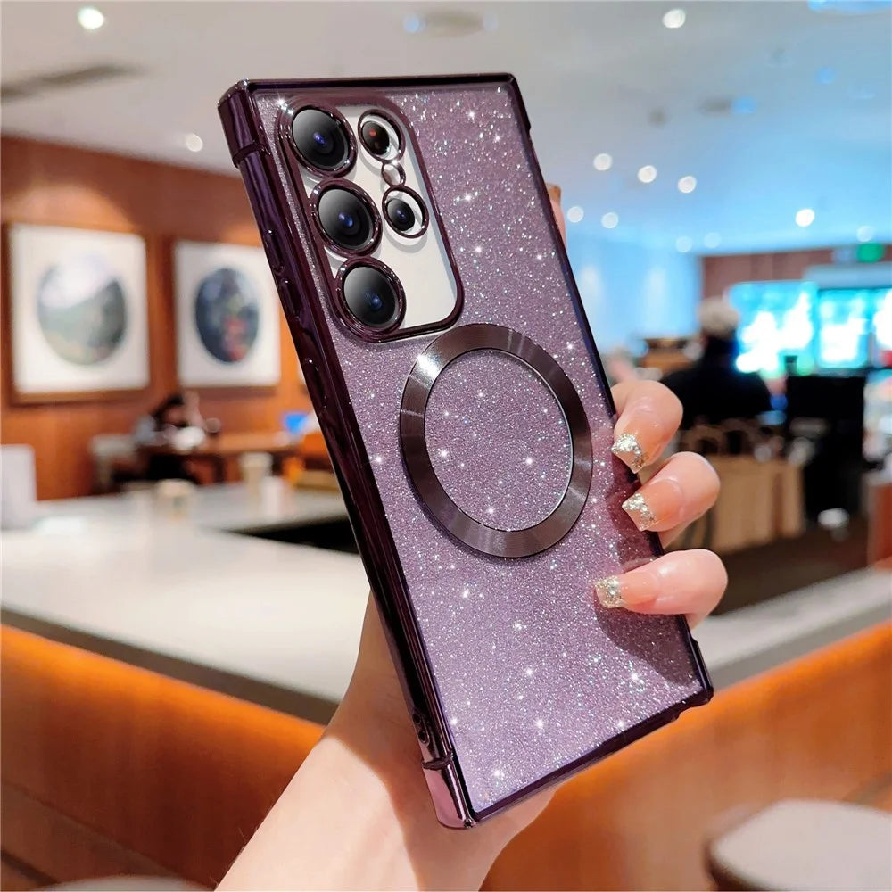 For Samsung Galaxy S25 Ultra Case Electroplating Glitter TPU Clear Phone Cover Magnetic Case - Dark Purple - 1