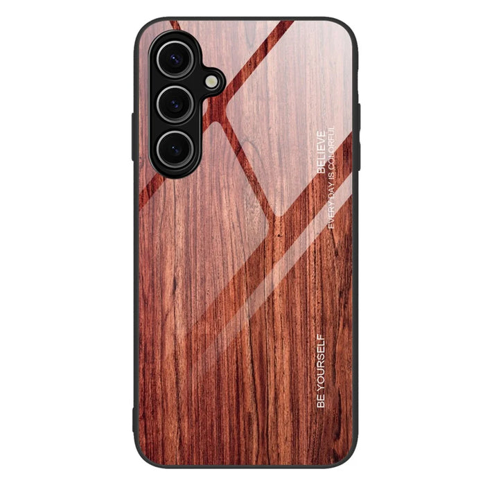 For Samsung Galaxy S25 Case TPU+Tempered Glass Back Phone Cover Wood Texture - Wine Red - 1