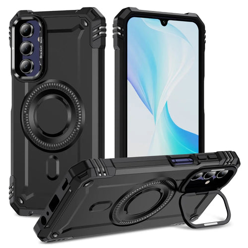 For Samsung Galaxy A15 4G / 5G Magnetic Case Metal Lens Frame Kickstand PC+TPU Mobile Cover - Black - 1
