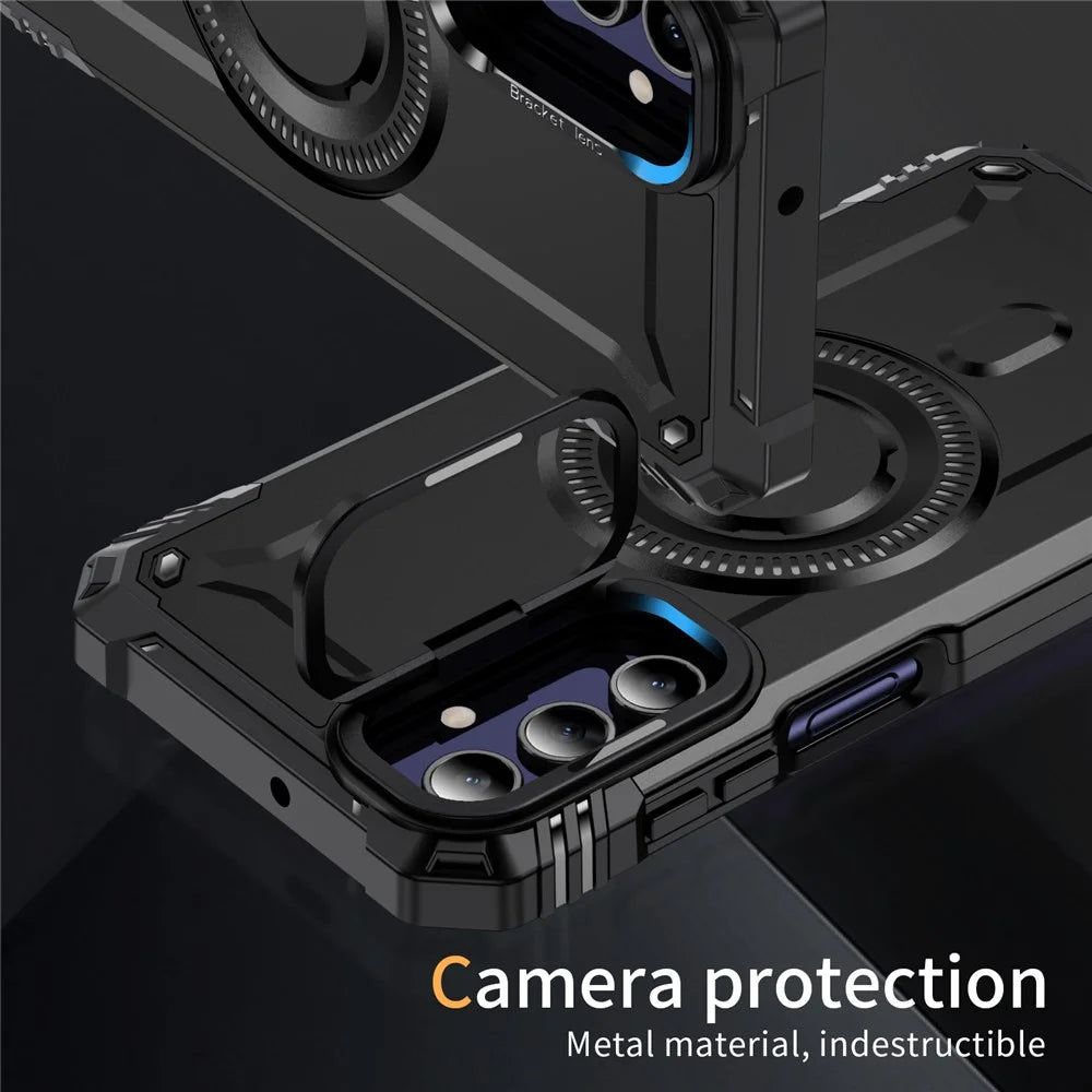 For Samsung Galaxy A15 4G / 5G Magnetic Case Metal Lens Frame Kickstand PC+TPU Mobile Cover - Black - 5