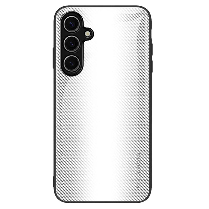 For Samsung Galaxy S25+ Case Carbon Fiber Texture Tempered Glass+TPU Phone Cover - White - 1
