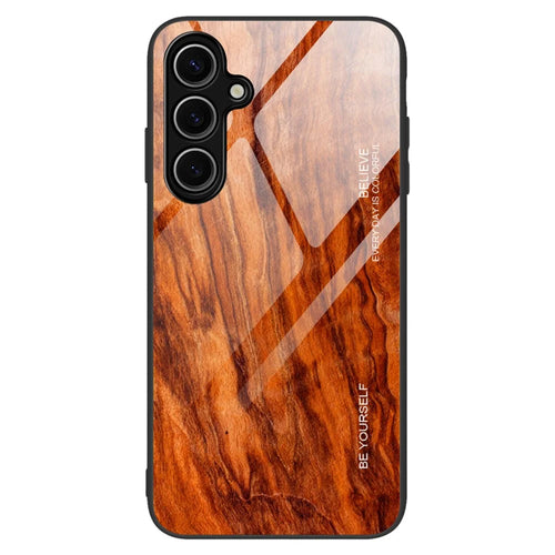 For Samsung Galaxy S25+ Case TPU+Tempered Glass Back Phone Cover Wood Texture - Orange - 1