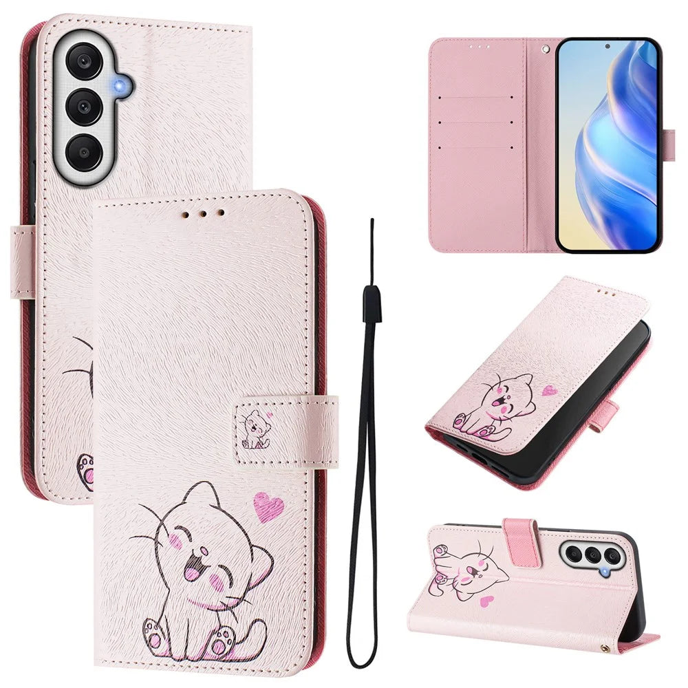 For Samsung Galaxy A36 5G Case Pattern Printing Wallet Phone Cover with Strap - Cute Cat - 1