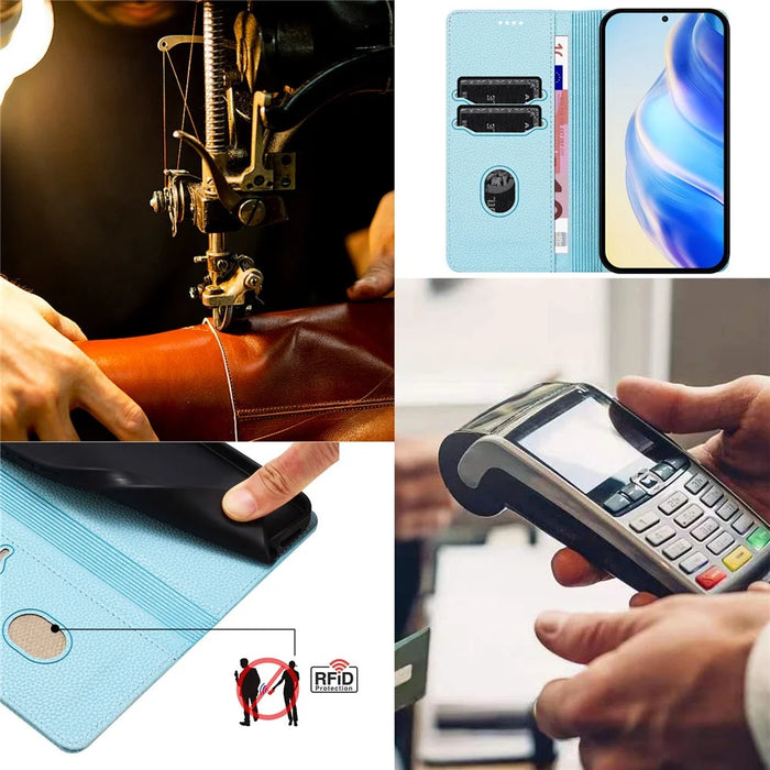 For Samsung Galaxy S24 FE Wallet Case RFID Blocking Litchi Texture Leather Mobile Cover - Baby Blue - 7