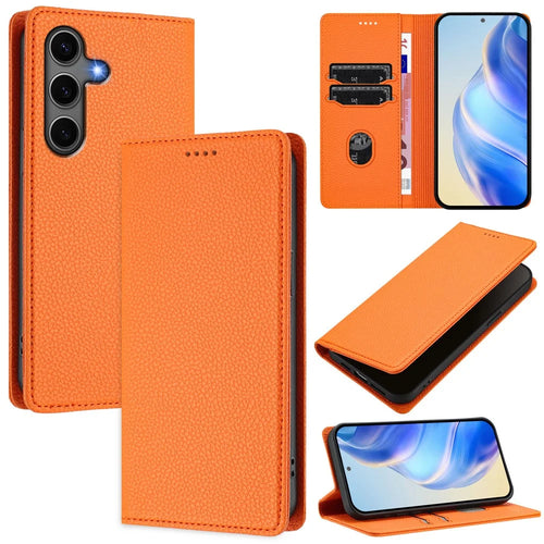 For Samsung Galaxy S24+ / Galaxy S25+ Wallet Case RFID Blocking Litchi Texture Leather Mobile Cover - Orange - 1