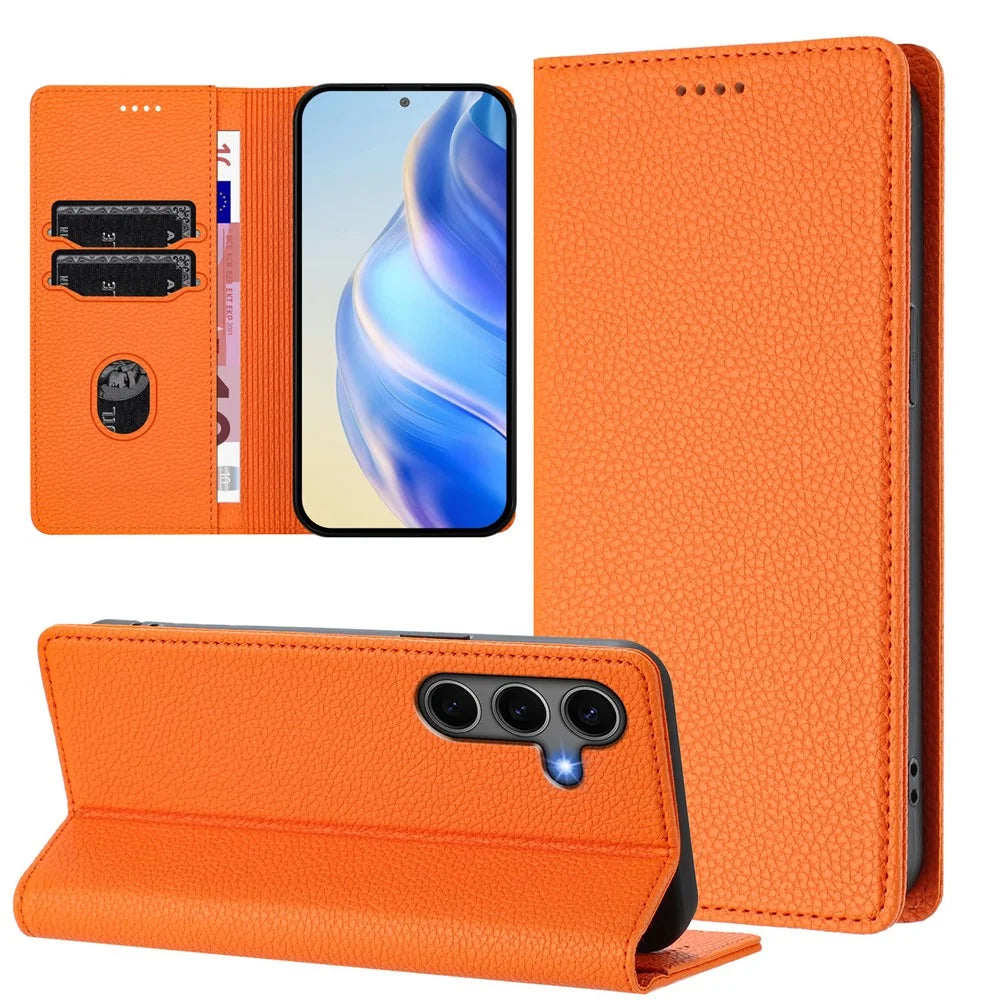 For Samsung Galaxy S24+ / Galaxy S25+ Wallet Case RFID Blocking Litchi Texture Leather Mobile Cover - Orange - 4