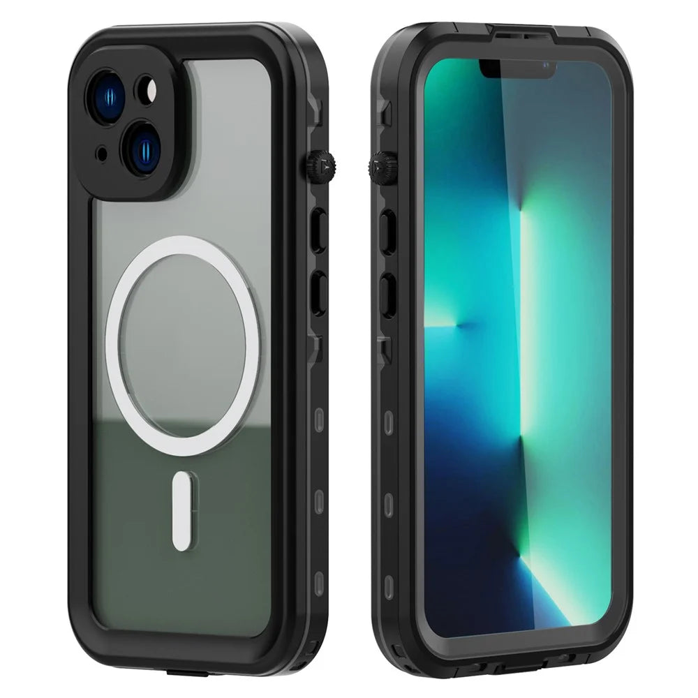 REDPEPPER Dot+ Series for iPhone 14 Plus IP68 Waterproof Clear Back Case Drop-proof Dust-proof Cover Compatible with Magsafe Charger - Black - 1