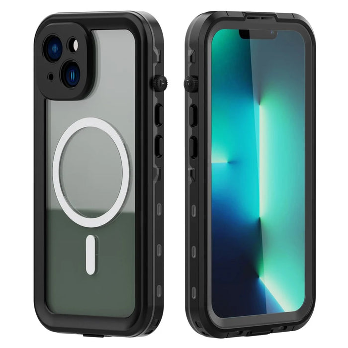 REDPEPPER Dot+ Series for iPhone 14 Plus IP68 Waterproof Clear Back Case Drop-proof Dust-proof Cover Compatible with Magsafe Charger - Black - 1