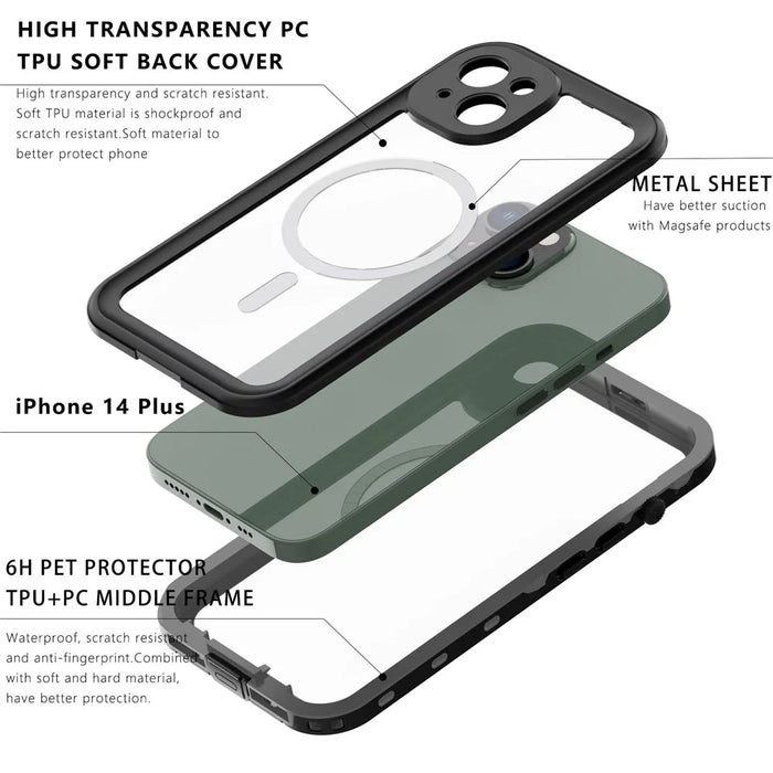 REDPEPPER Dot+ Series for iPhone 14 Plus IP68 Waterproof Clear Back Case Drop-proof Dust-proof Cover Compatible with Magsafe Charger - Black - 7