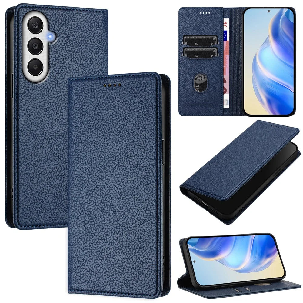 For Samsung Galaxy A35 5G Wallet Case RFID Blocking Litchi Texture Leather Mobile Cover - Dark Blue - 1